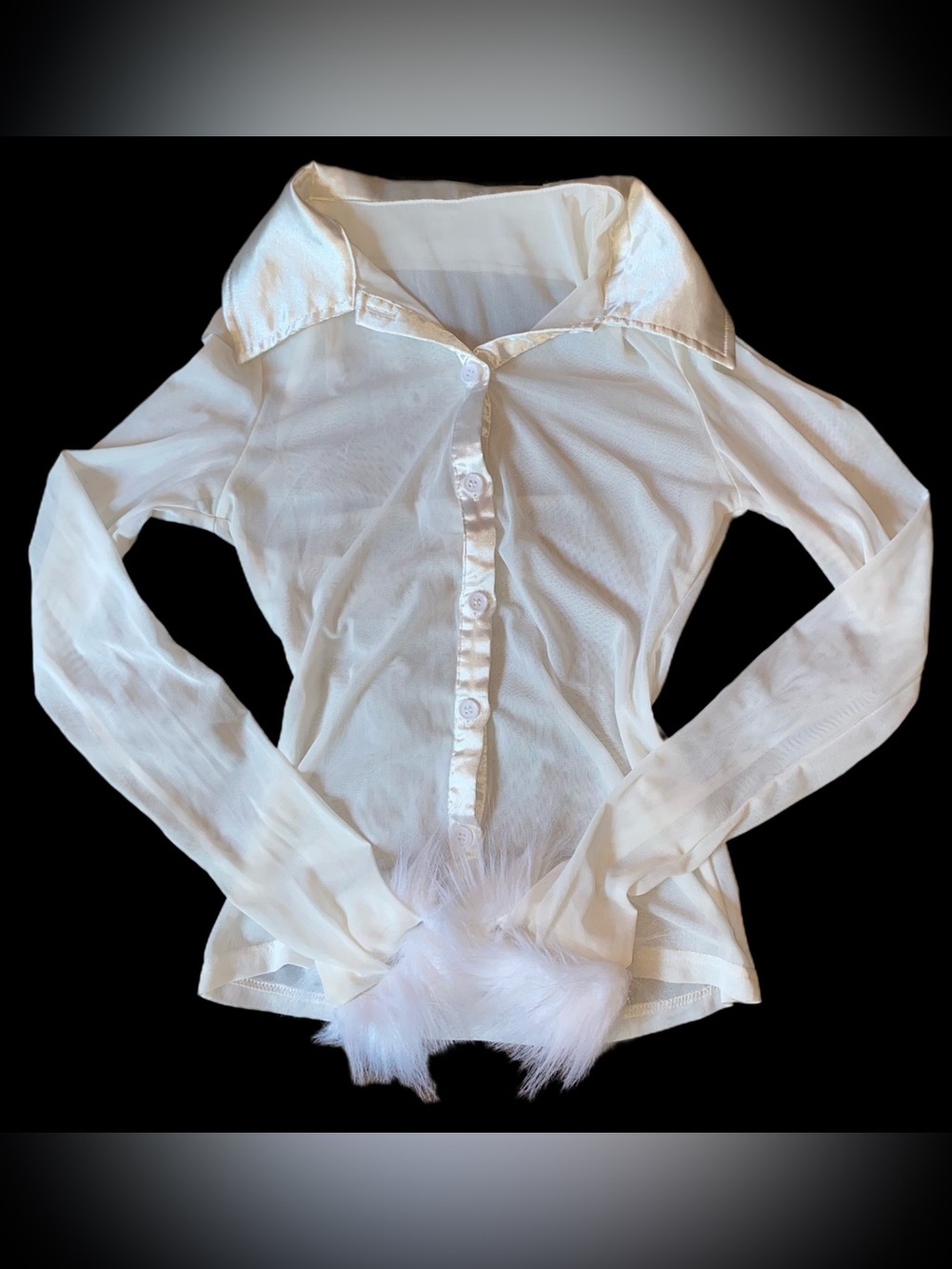 White Sheer Satin Collar Fur Wrist Trim Button Up